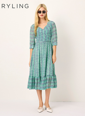 MARYLING玛俪琳2025夏季印花V领交叉绑带中袖连衣裙A1FCW63030