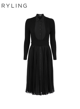 MARYLING玛俪琳秋季新品黑色衬衣式中长裙针梭拼接百褶连衣裙