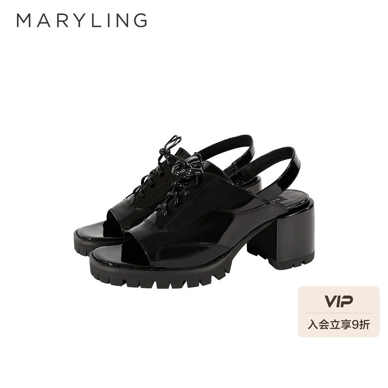 MARYLING玛俪琳秋季漆皮凉鞋纯色系带厚底粗跟鞋子A8BBS