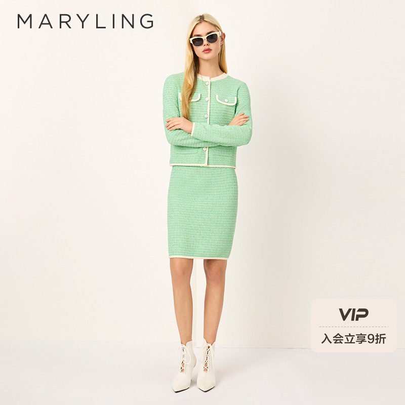 MARYLING淡绿色粗花呢针织开衫