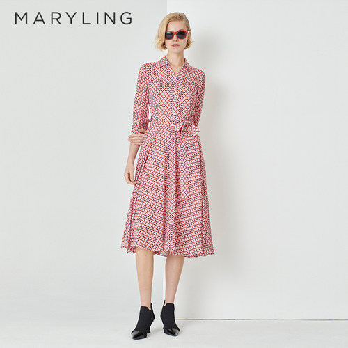 MARYLING千鸟格V领衬衣式连衣裙