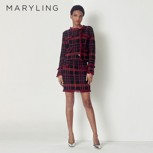 MARYLING黑红格纹A型半身裙