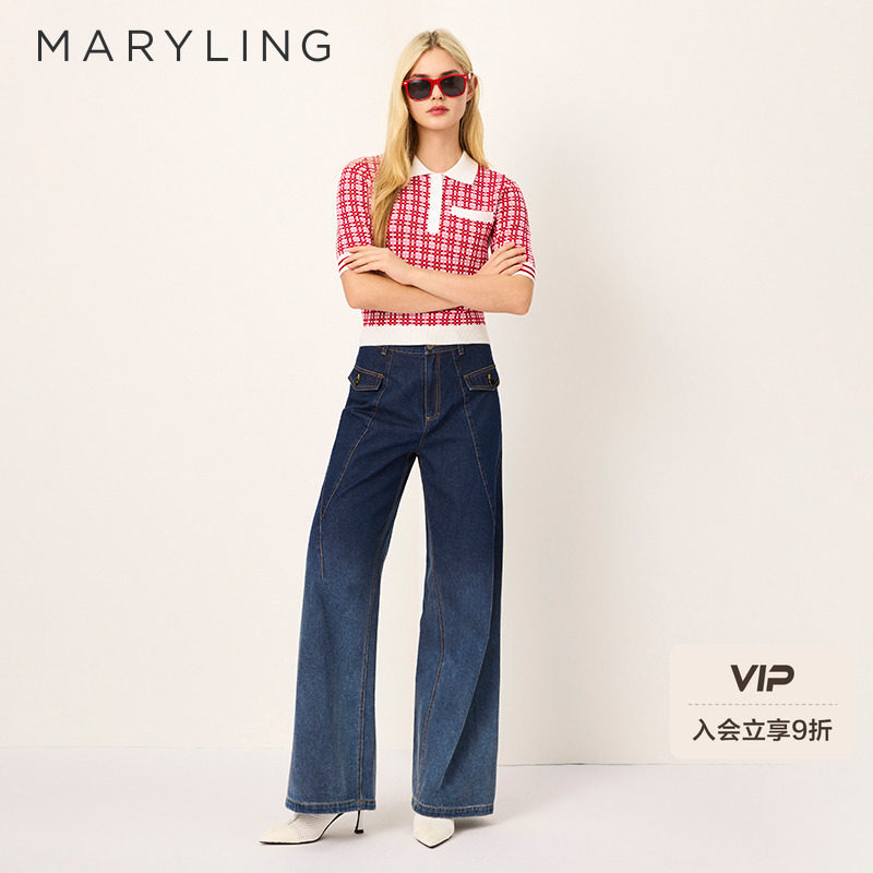 MARYLING玛俪琳2025春季新品红白格纹翻领针织衫A1FB