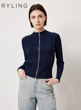 MARYLING玛俪琳2026春夏新品午夜蓝半高领拉链针织开衫A1GAW08100
