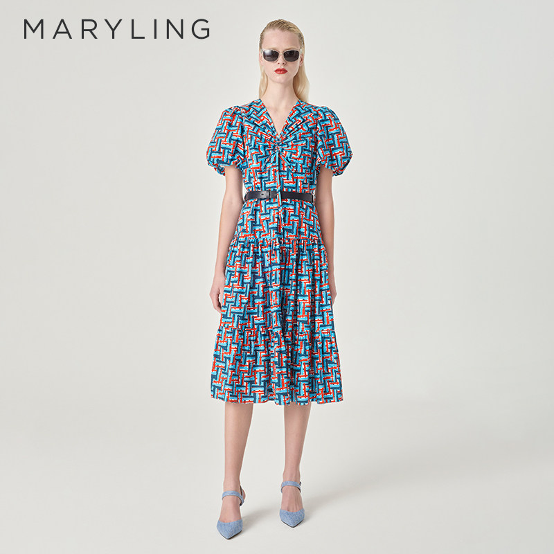 MARYLING玛俪琳24夏季新品蓝红格纹V领泡泡袖A摆连衣裙A