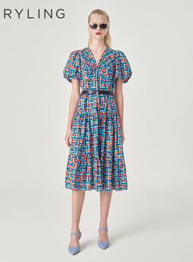 MARYLING玛俪琳24夏季新品蓝红格纹V领泡泡袖A摆连衣裙A1ECW64160