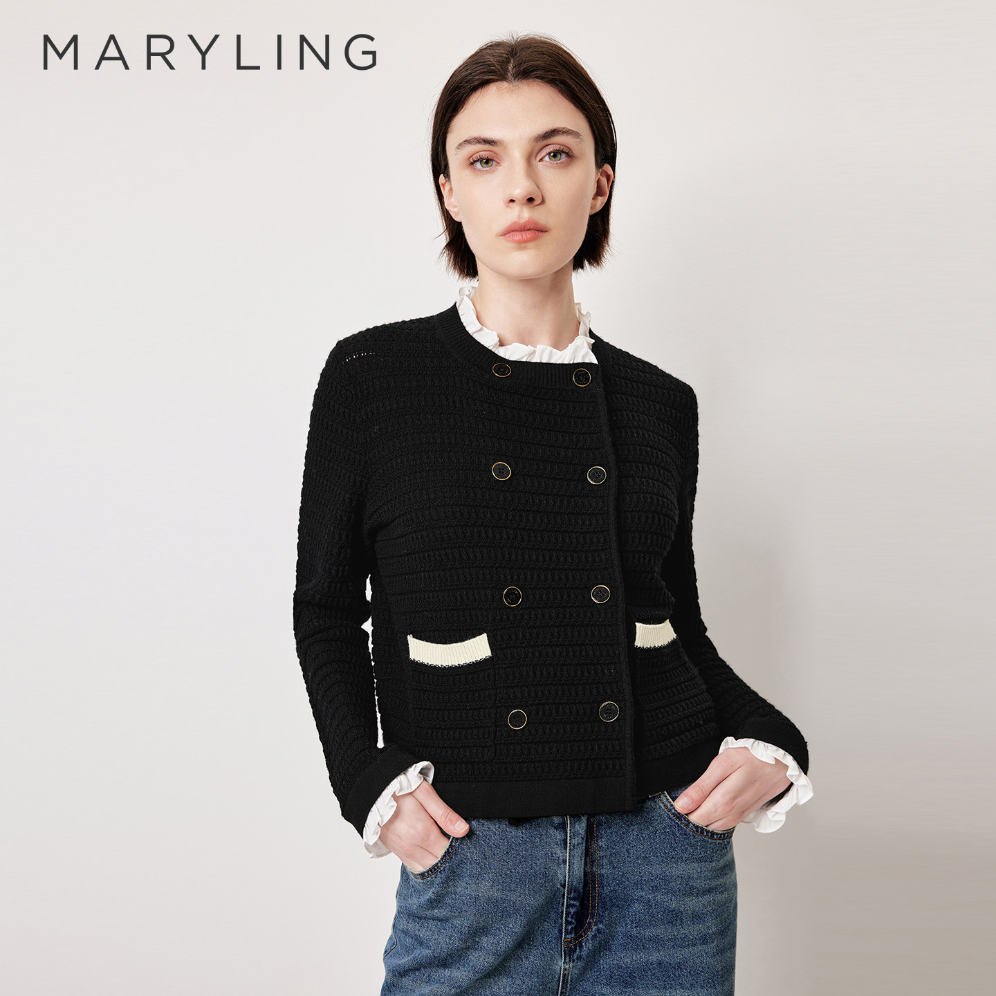 MARYLING玛俪琳2026春夏新品法式小香花边领针梭外套A1