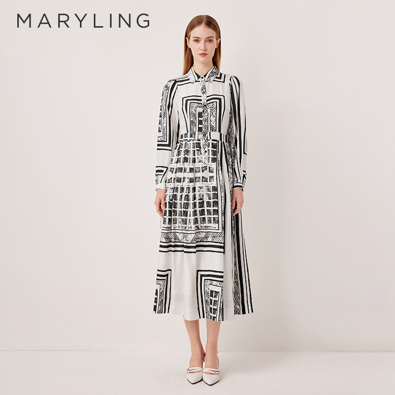 MARYLING玛俪琳2025秋季新品黑白光影桑蚕丝衬衫连衣裙A1FFW61190