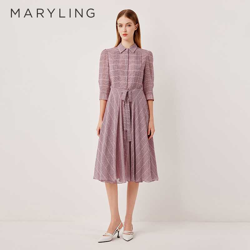 MARYLING翻领压褶粉色格纹连衣裙