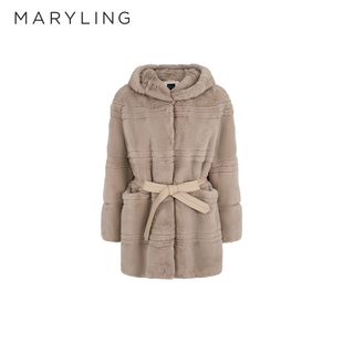 MARYLING玛俪琳2024冬季 驼色连帽绑带中长水貂外套A1EHW9Q080 新品