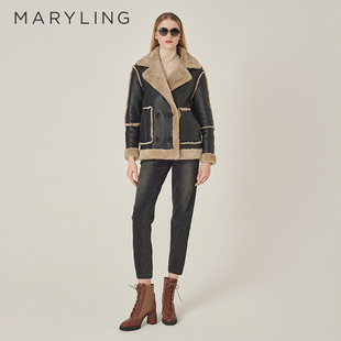 MARYLING玛俪琳2024冬季 黑色撞驼色皮毛一体外套A1EHW9R110 新品