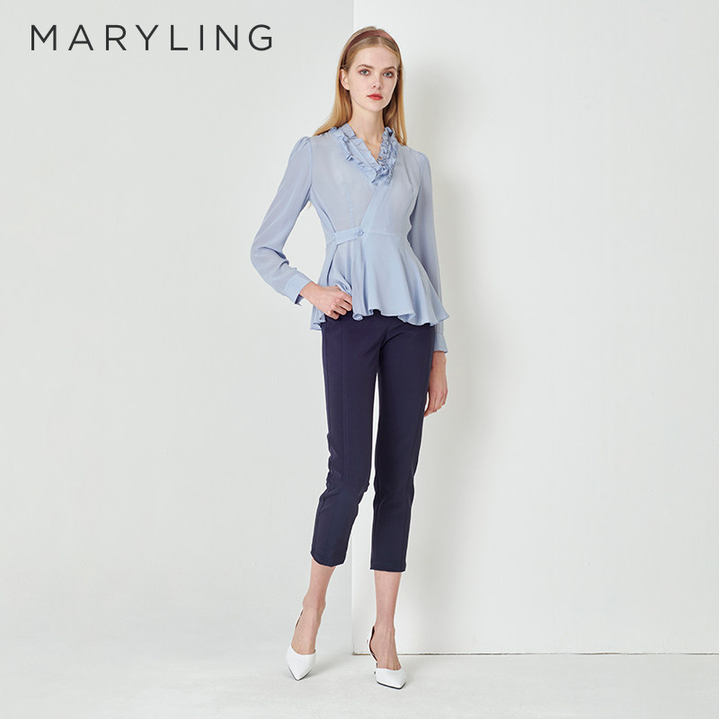MARYLING玛俪琳春秋新品雾蓝色真丝双绉V领衬衫A1DBW20230