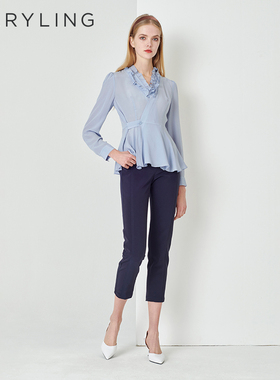 MARYLING玛俪琳春秋新品雾蓝色真丝双绉V领衬衫A1DBW20230