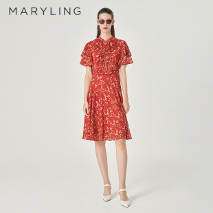 红杏色荷叶边短袖 小碎花连衣裙 新品 MARYLING玛俪琳夏季