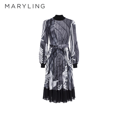 MARYLING高领针织拼接印花连衣裙