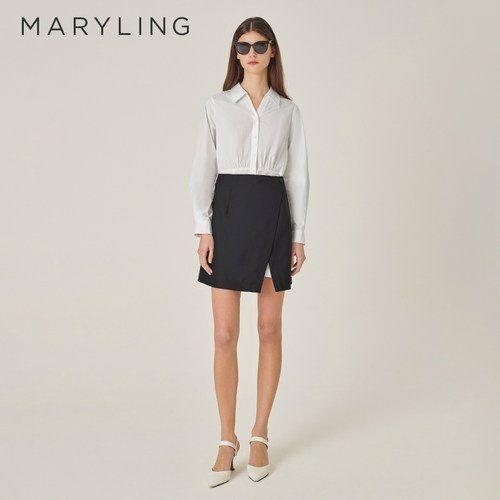 MARYLING黑白撞色衬衫式连衣裙