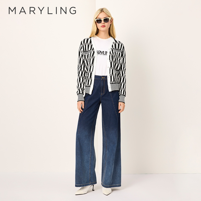 MARYLING黑白撞色V领针织开衫