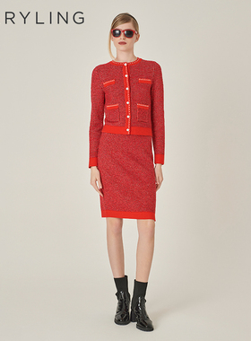 MARYLING玛俪琳冬季新品红色小圆领四口袋针织开衫A1EIW08620