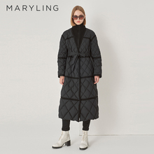 MARYLING玛俪琳冬季新品黑色菱形格外套高领毛织拼接长款羽绒服
