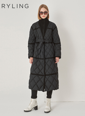 MARYLING玛俪琳冬季新品黑色菱形格外套高领毛织拼接长款羽绒服