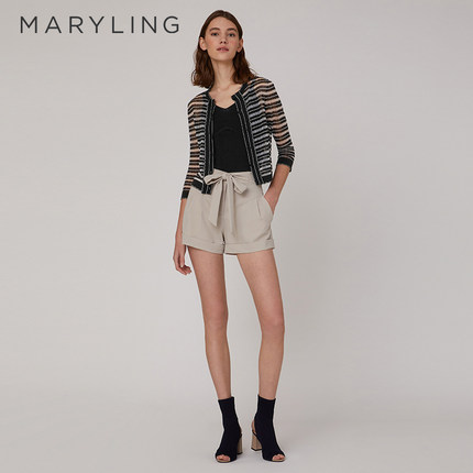 MARYLING玛俪琳夏季黑白条圆领七分袖针织开衫A1CCW08890