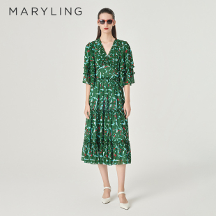 印花塔塔连衣裙A1EBW63700 MARYLING玛俪琳春季 紫荆花变奏曲