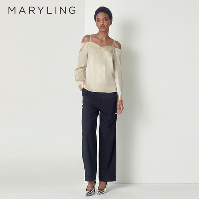 秋季暖杏色醋酸露肩吊带长袖上衣