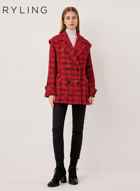MARYLING玛俪琳2025冬季新品黑红黄彩色格纹中长大衣A1FIW93460