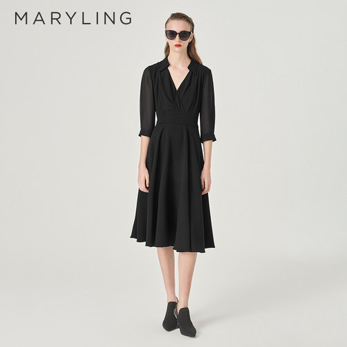 MARYLINGV字衬衫领黑色连衣裙