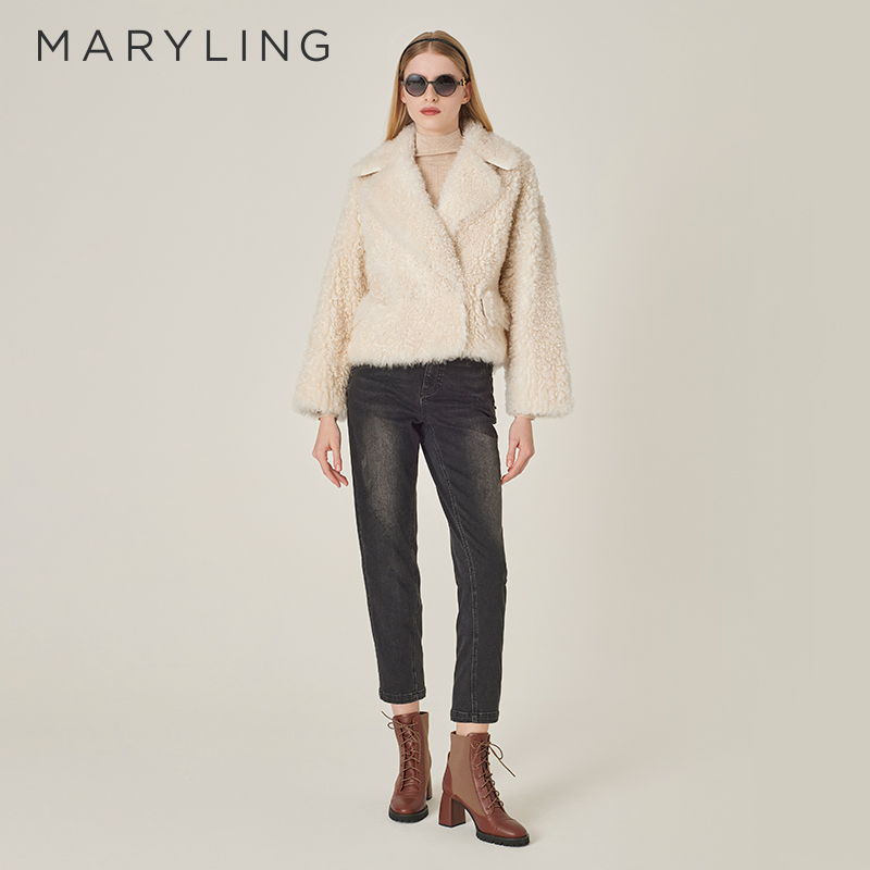 MARYLING米白色短款皮毛一体外套