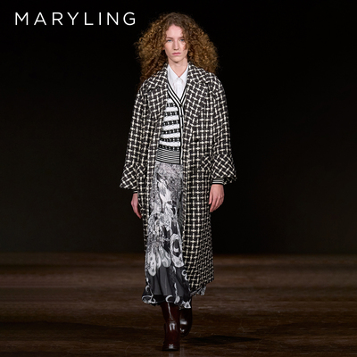 MARYLING玛俪琳2025秋冬新品黑白千鸟格翻领长款大衣A1FHW93340
