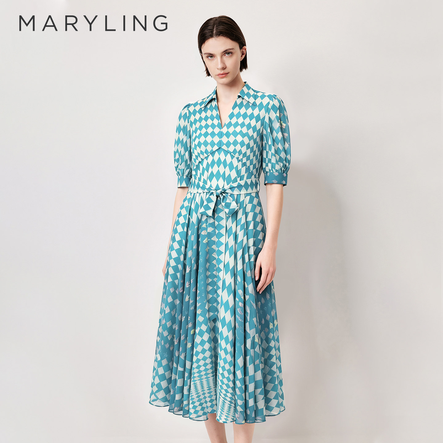 MARYLING衬衫V领印花连衣裙图片