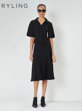 MARYLING玛俪琳春夏新品黑色小V领泡泡袖短上衣A1DCW20370