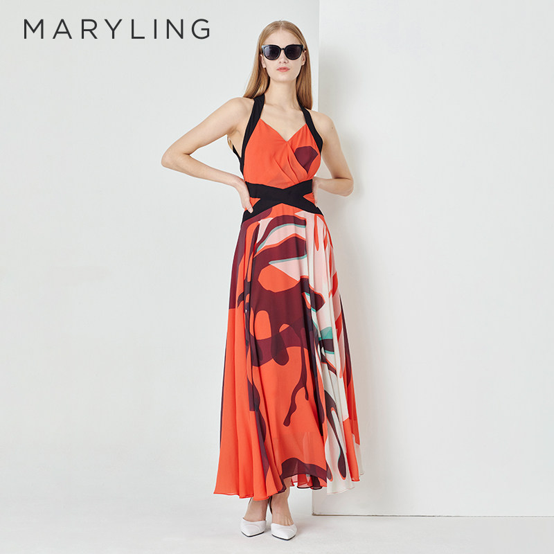 【夏日花海】MARYLING玛俪琳夏新品无袖V领印花连衣裙A1DBW62210