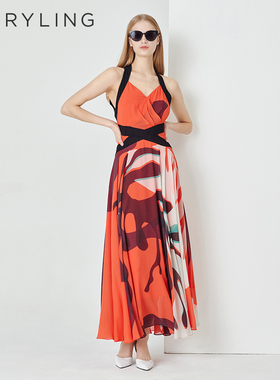 【夏日花海】MARYLING玛俪琳夏新品无袖V领印花连衣裙A1DBW62210