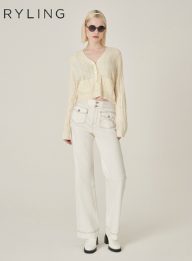 MARYLING玛俪琳初秋新品白色撞色线装饰直筒牛仔裤A1EFW56020