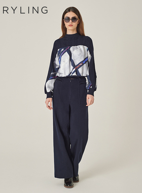 MARYLING玛俪琳秋冬新品灰蓝色针梭拼接艺术线条上衣A1EHW26460