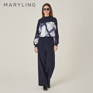 MARYLING玛俪琳秋冬新品 灰蓝色针梭拼接艺术线条上衣A1EHW26460