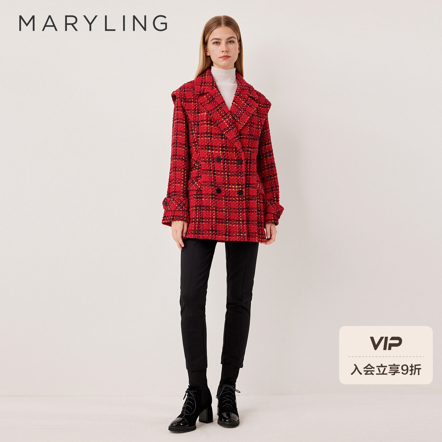 MARYLING玛俪琳2025冬季新品黑红黄彩色格纹中长大衣A1