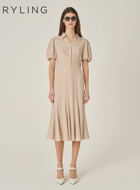 MARYLING玛俪琳初秋新品杏色V领泡泡袖收腰上衣A1EFW20030