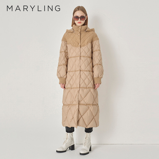 拼接毛织羽绒服 驼色长款 A1DIW98080 新品 MARYLING玛俪琳冬季