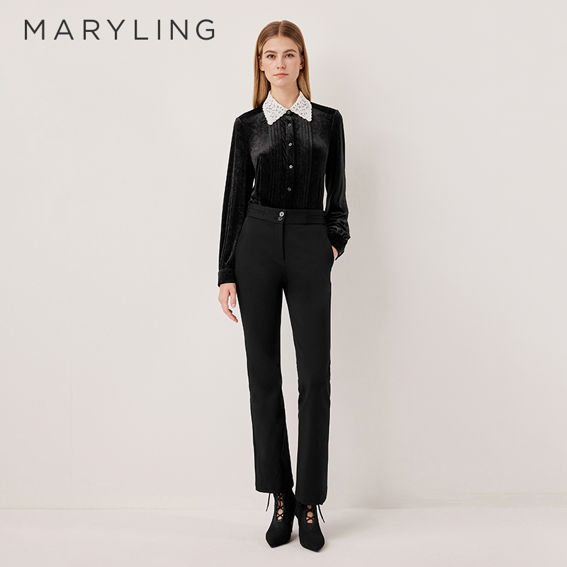 MARYLING撞色翻领黑色丝绒上衣