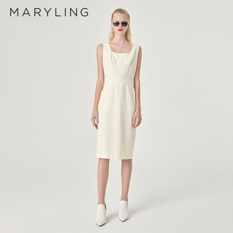 MARYLING玛俪琳夏新品米白色大U领收腰一步连衣裙A1ECW64320