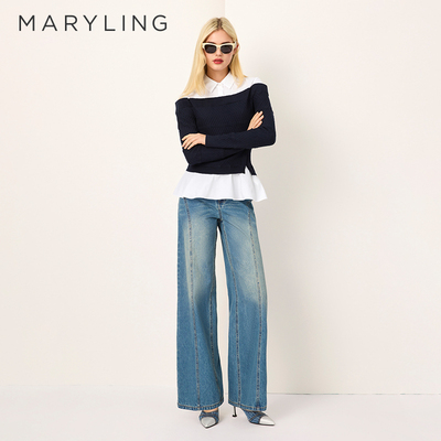 MARYLING蓝白撞色针梭上衣