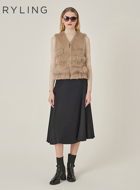 MARYLING玛俪琳2024秋季新品驼色下摆流苏装饰皮草马甲A1EGW9R140