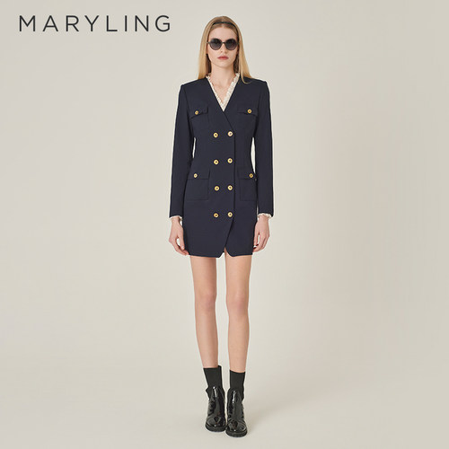 MARYLING深蓝色V领双排扣连衣裙