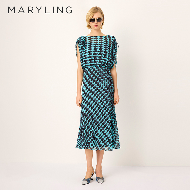 MARYLING蓝黑菱形格连衣裙