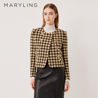 MARYLING玛俪琳2025秋季新品金棕撞色复古格纹短款外套A1FGW14160