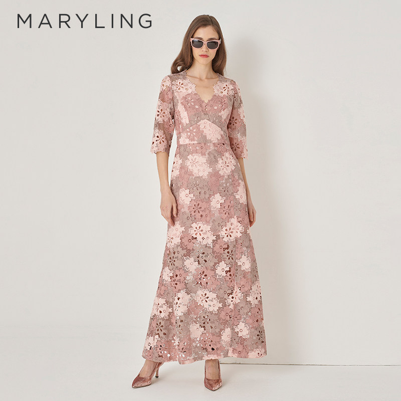 MARYLING玛俪琳秋新品粉色V领鱼尾开叉蕾丝礼服裙A1DGW