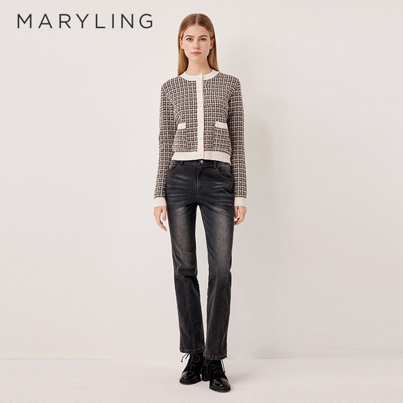 MARYLING玛俪琳2025秋季新品金棕撞色复古格纹针织开衫A1FGW09120